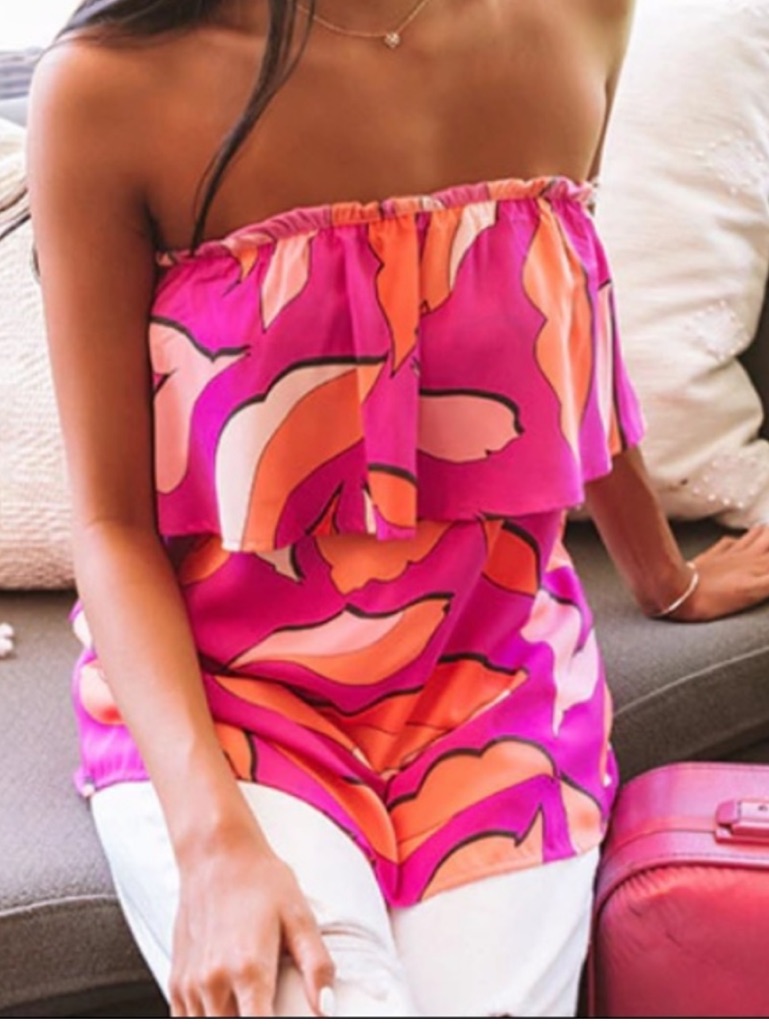 Tyche Strapless Ruffle Blouse Pink Orange Floral Small Nwt